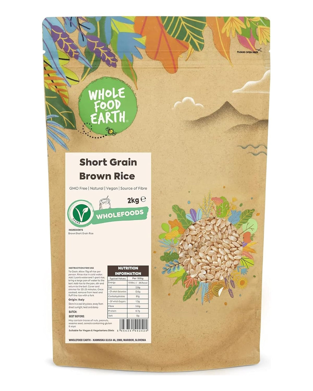 Wholefood Earth short grain brown rice - non-GMO - natural - vegan - dairy-free - no added sugar, 2 kg