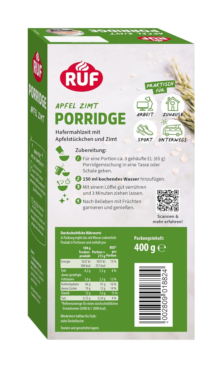 RUF Cinnamon Apple Oatmeal with Whole Oat Flakes, Delicate Cinnamon Flavor and Dried Apple Pieces, Snacks, Bulk Pack, 1 x 400g