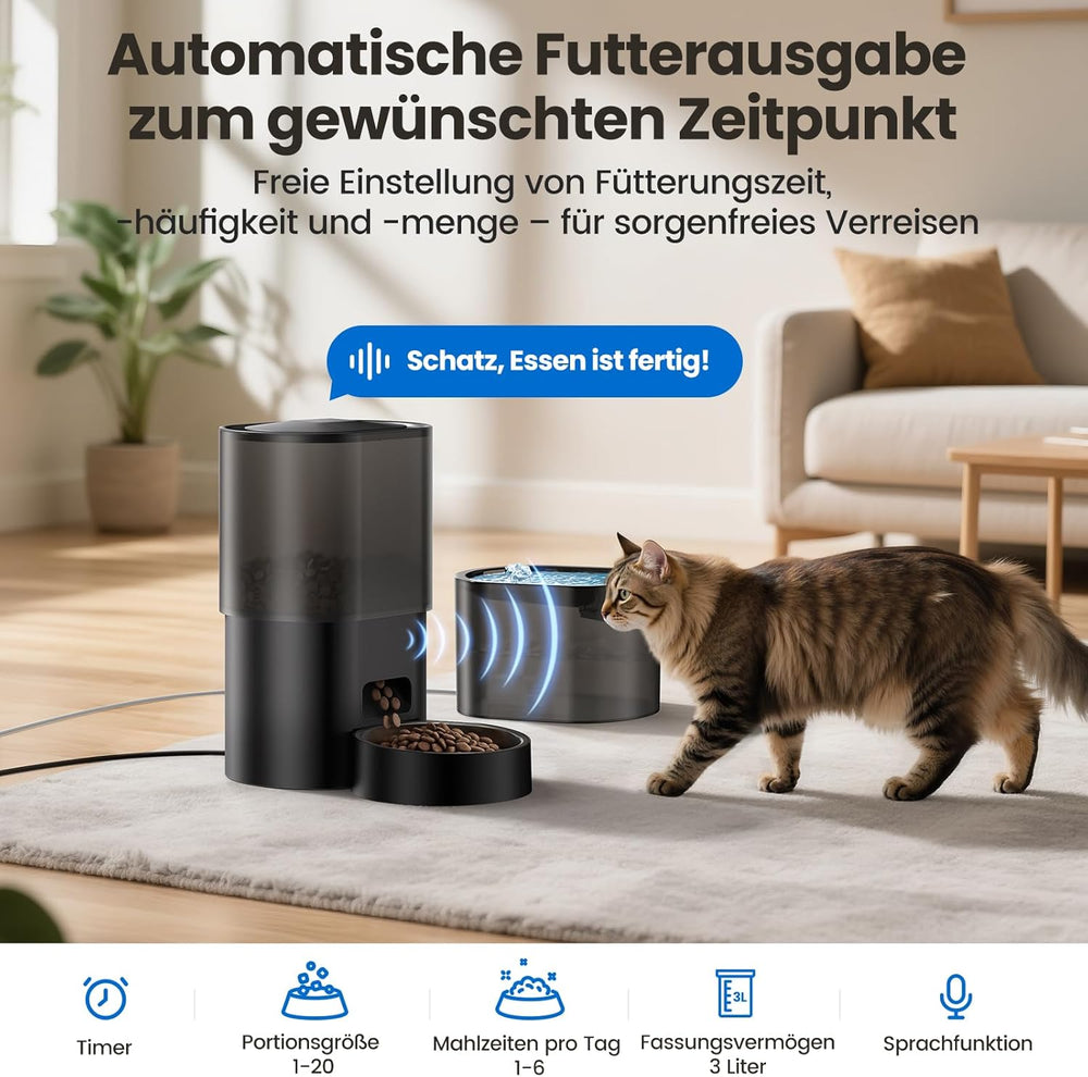 3L Automatischer Katzenfutterspender 2.5L Katzenbrunnen-Set, geräuscharmes App-steuertees Fernfütterungsgerät mit 10 Mahlzeiten per Tag, Anti-Verstopfungs-Design, ideal für Katzen & Welpen