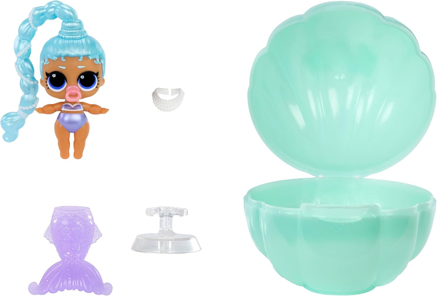 LOL Surprise! Sirene Makeover Magic Baby Sisters – Coadă de sirenă care își schimbă culoarea cu bilă de scoică pentru expunere, 6 păpuși de colecție – vârste 4+