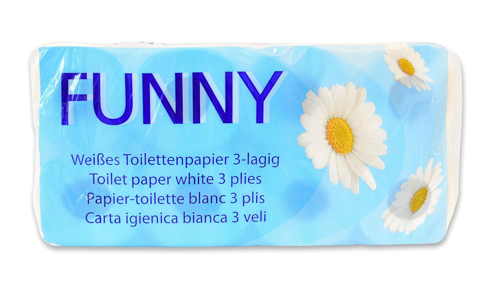 Hârtie igienică Funny AG-014, 3 straturi, 250 de coli, 9,5 cm x 11 cm, albă, pachet unic de 8 role