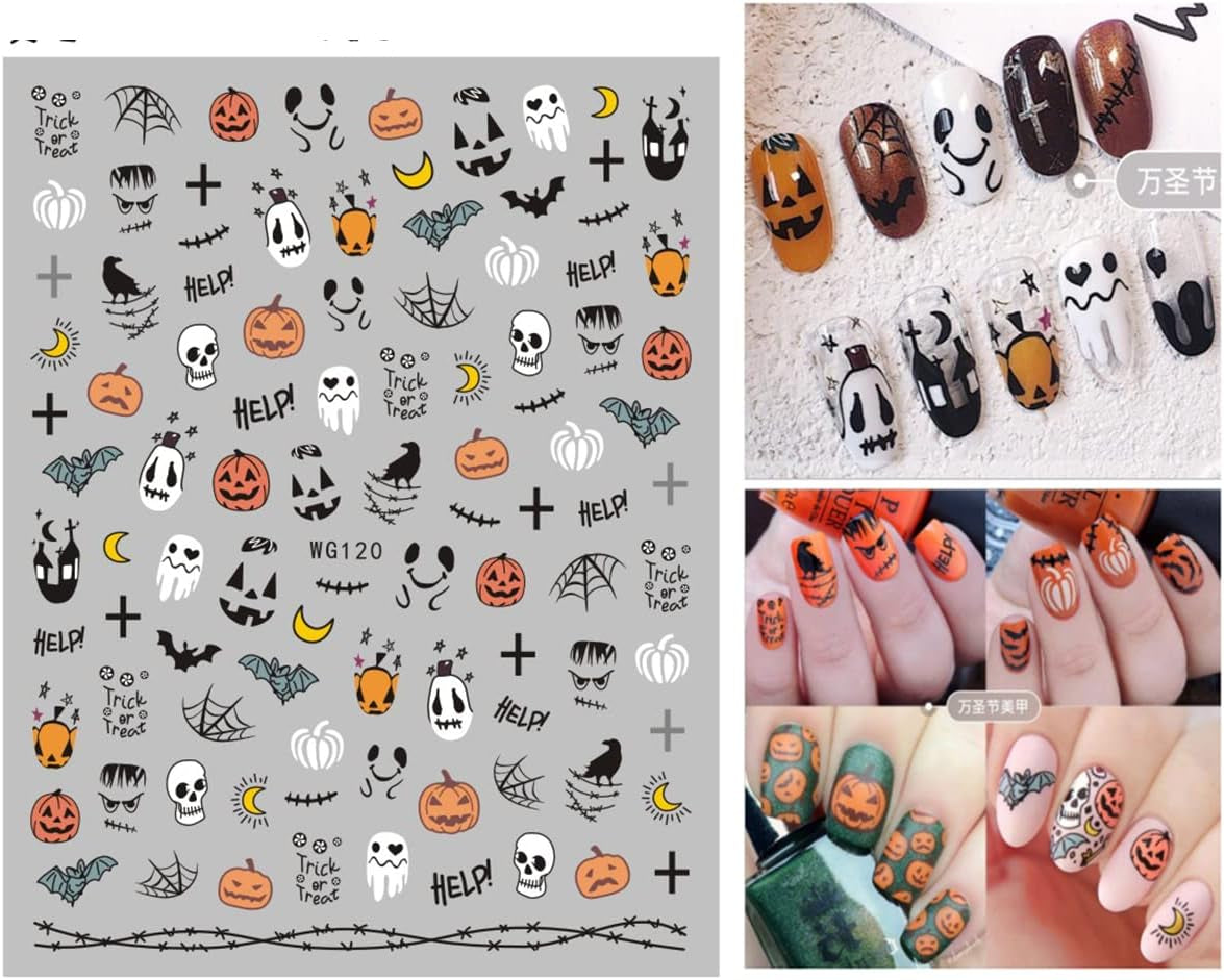 8 Blatt Nagelsticker Halloween Nagelaufkleber Selbstklebend Niedliches Kürbis-Schädel-Spinnennetz Niedlichen Kinder Geist Nail Art Sticker Dekoration Nageldesign Zubehör