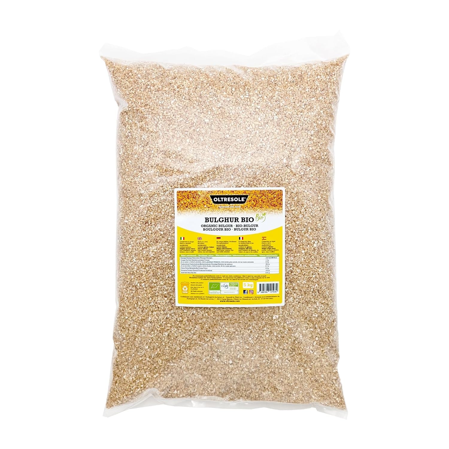 Organic Italian Bulgur 5 kg, whole wheat, durum wheat, cracked wheat, ideal for making tabbouleh and oriental dishes, practical format
