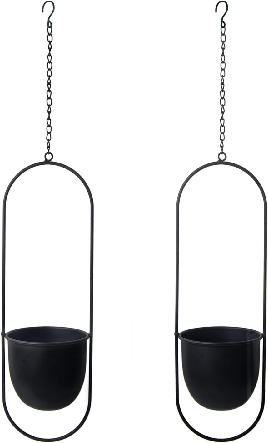 Ghivece metalice suspendate, 2 bucăți, negre, ovale, geometrice, cuier pentru plante cu ghiveci, jardinieră modernă de perete și tavan pentru interior și exterior, ghiveci de 15,2 cm, 2 bucăți