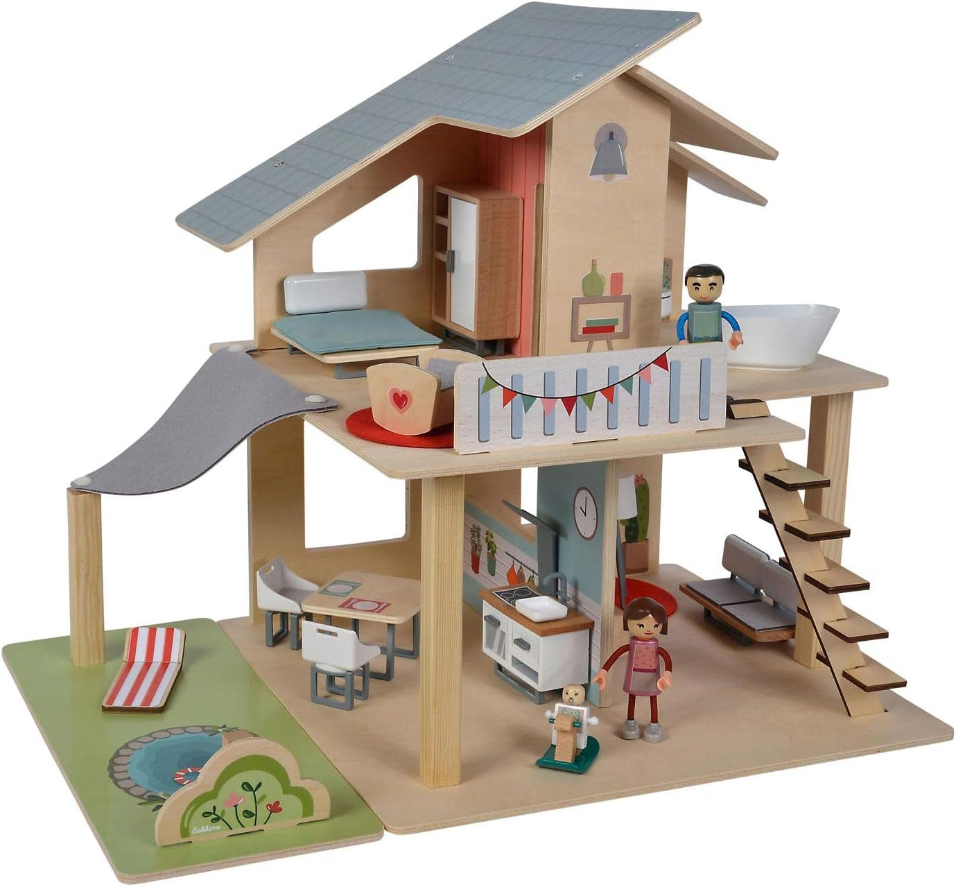 Eichhorn - Dollhouse with accessories - Incl. furniture and 3 figurines, Unassembled, Made of wood, 25 pieces, 53X36X44 cm large, From THREE years Dollhouses Naty Shop Default title