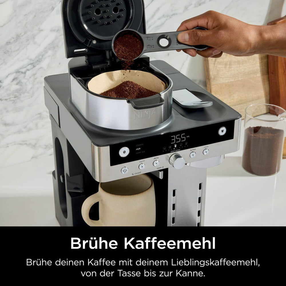 Ninja Prestige Cafetiera Filtrantă 2 în 1 cu Capsule și Spumator de Lapte Integrat, pentru Latte, Cafea cu gheață și Flat White, Negru CFN802EU