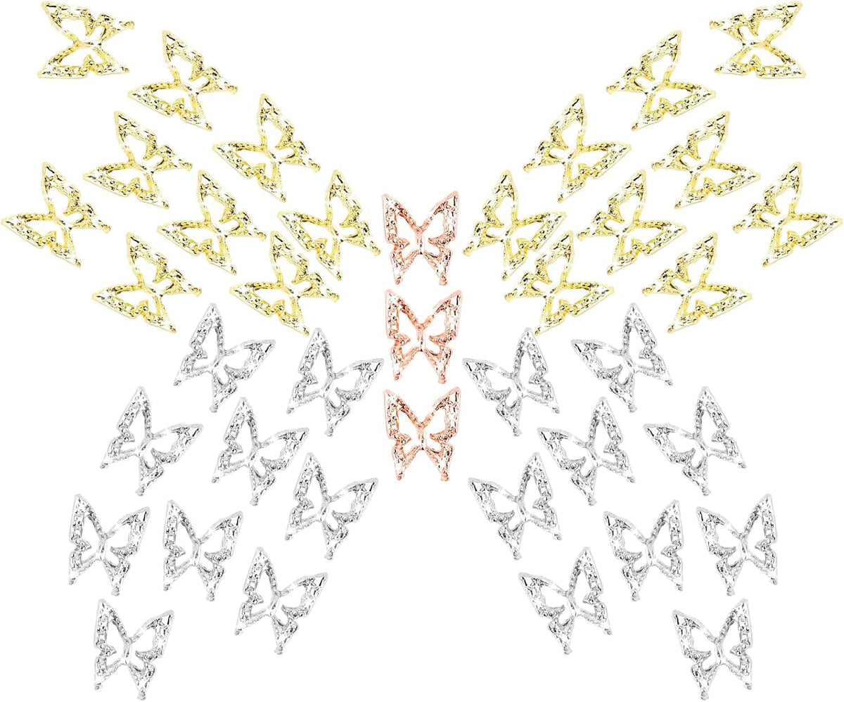 80 de bucăți de pandantive pentru unghii fluture 3D, din aliaj, formă de fluture, auriu, argintiu, strălucitoare, decorațiuni pentru unghii, accesorii pentru bijuterii pentru unghii, manichiură DIY pentru femei