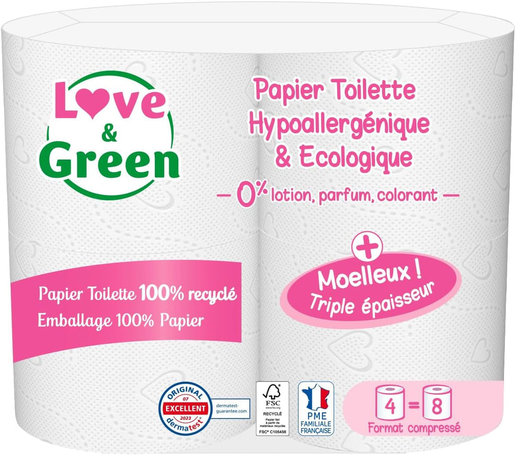 - Hârtie igienică 3 straturi - 3 straturi - hipoalergenică (certificată Dermatest) și ecologică (certificată Fsc) - 4 role comprimate = 8