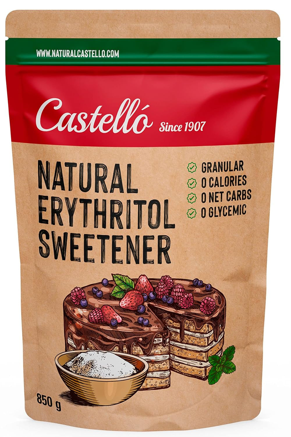 Natürliches Erythrit - Kristallzucker | 10G = 7G Zucker | Natürlicher Zuckerersatz - 0 Kalorien - 0 Glykämischer Index - Keto Und Paleo - 0 Netto-Kohlenhydrate - Kein GVO - Castello since 1907-1Kg Sweeteners Naty Shop 850 G (1Er Pack)