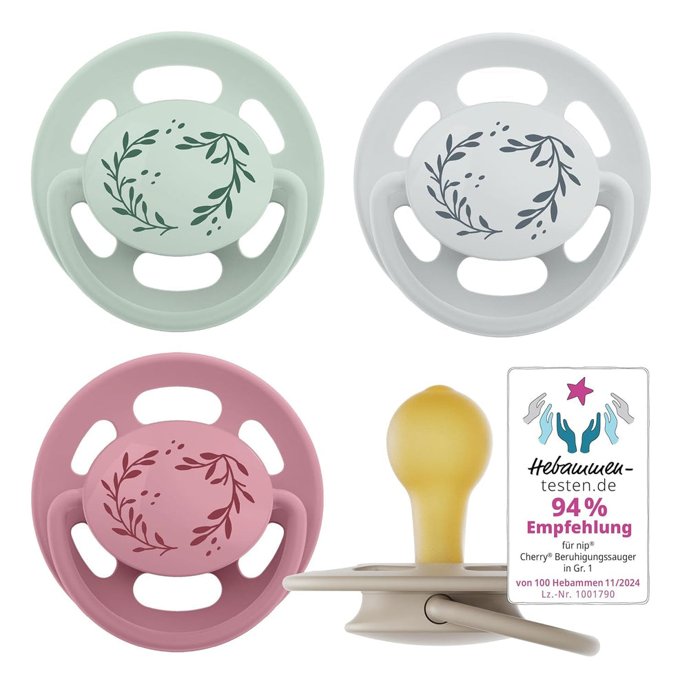 nip - Verde Cireș | 0-6 luni | Pachet de 4 | Suzetă pentru bebeluși, potrivită pentru alăptare și pentru dinți. Suzetă sustenabilă, fabricată din materii prime naturale, verde deschis/maro
