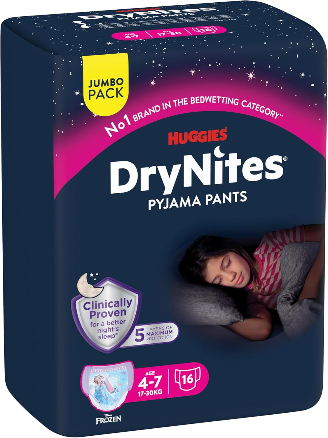 Huggies DryNites Super Absorbent Nighttime Diapers for Girls 4-7 Years, 4 x 16 Panty Diapers (64 Count), Monthly Pack