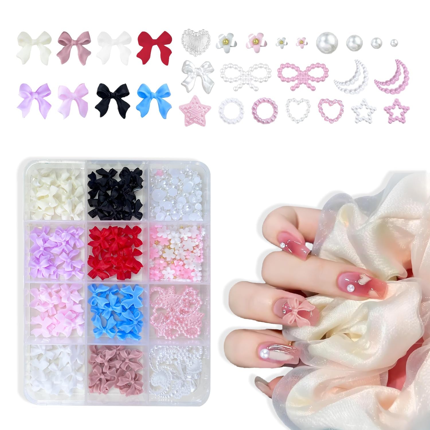 Decorațiuni 3D pentru unghii, 1 cutie de brelocuri pentru unghii, brelocuri pentru unghii cu fundă în formă de inimă și flori în stil mixt, decorațiuni pentru unghii din rășină, pentru decorațiuni Nail Art, accesorii DIY pentru artizanat