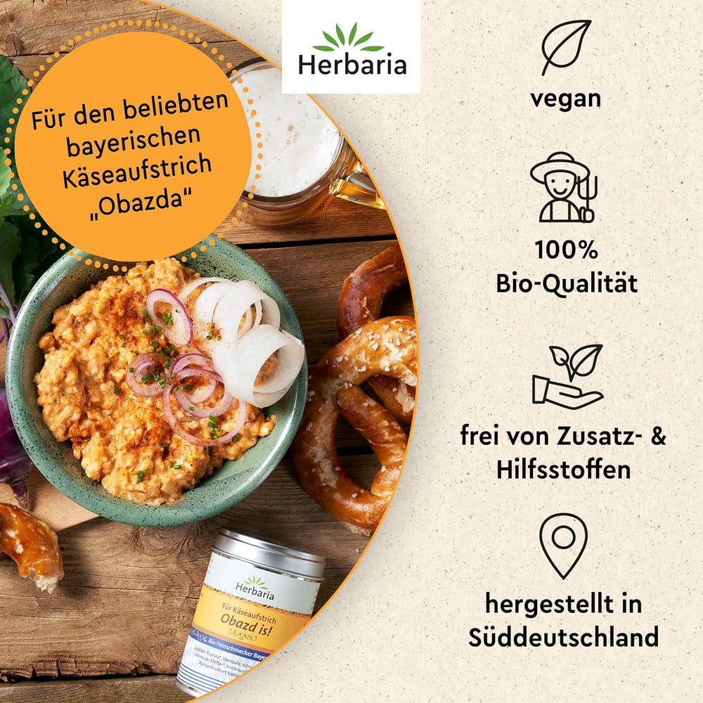 Herbaria Obazd is! bio 90g M-Dose – Bio-Gewürzmischung bayerischen Biergartenklassiker Obazda – for Brotaufstriche, Käsegerichte, Käsefondue – Raclette Gewürz - in nachhaltiger Aromaschutz-Dose