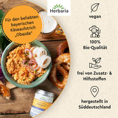 Herbaria Obazd is! bio 90g M-Dose – Bio-Gewürzmischung bayerischen Biergartenklassiker Obazda – for Brotaufstriche, Käsegerichte, Käsefondue – Raclette Gewürz - in nachhaltiger Aromaschutz-Dose