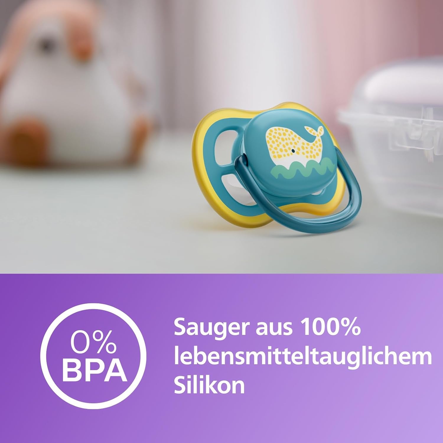 Suzetă Philips Avent Ultra Air - set de 2 suzete, fără BPA, respirabile, pentru bebeluși de la 18 luni, inclusiv cutie de transport și sterilizare, Whale/Whale (Model SCF349/24)