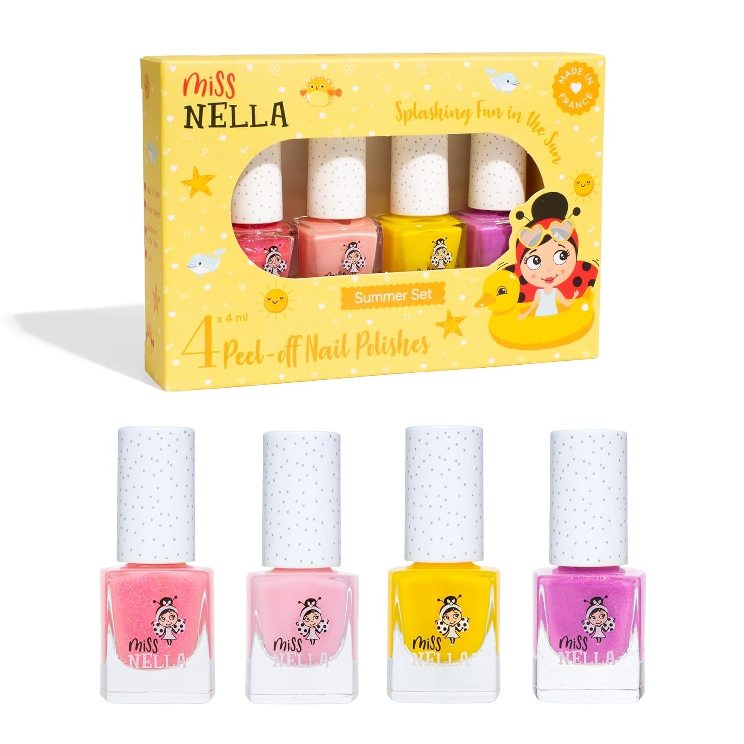 Miss Nella Magic Collection 4 Piece Glitter Nail Polish Set: Pink, Red, Gold and Blue, Kids Special Removable Nail Polish, Non-Toxic, Water-Based, Odorless