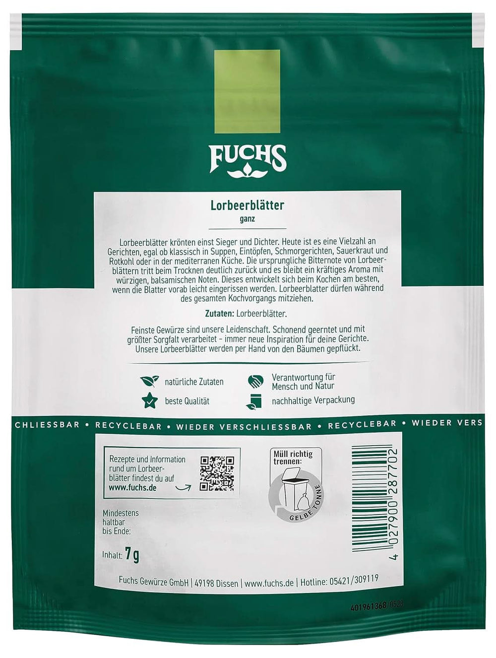 Fuchs - Bay leaves in a resealable, recyclable bag - made from natural ingredients - 7 grams Condiments Naty Shop