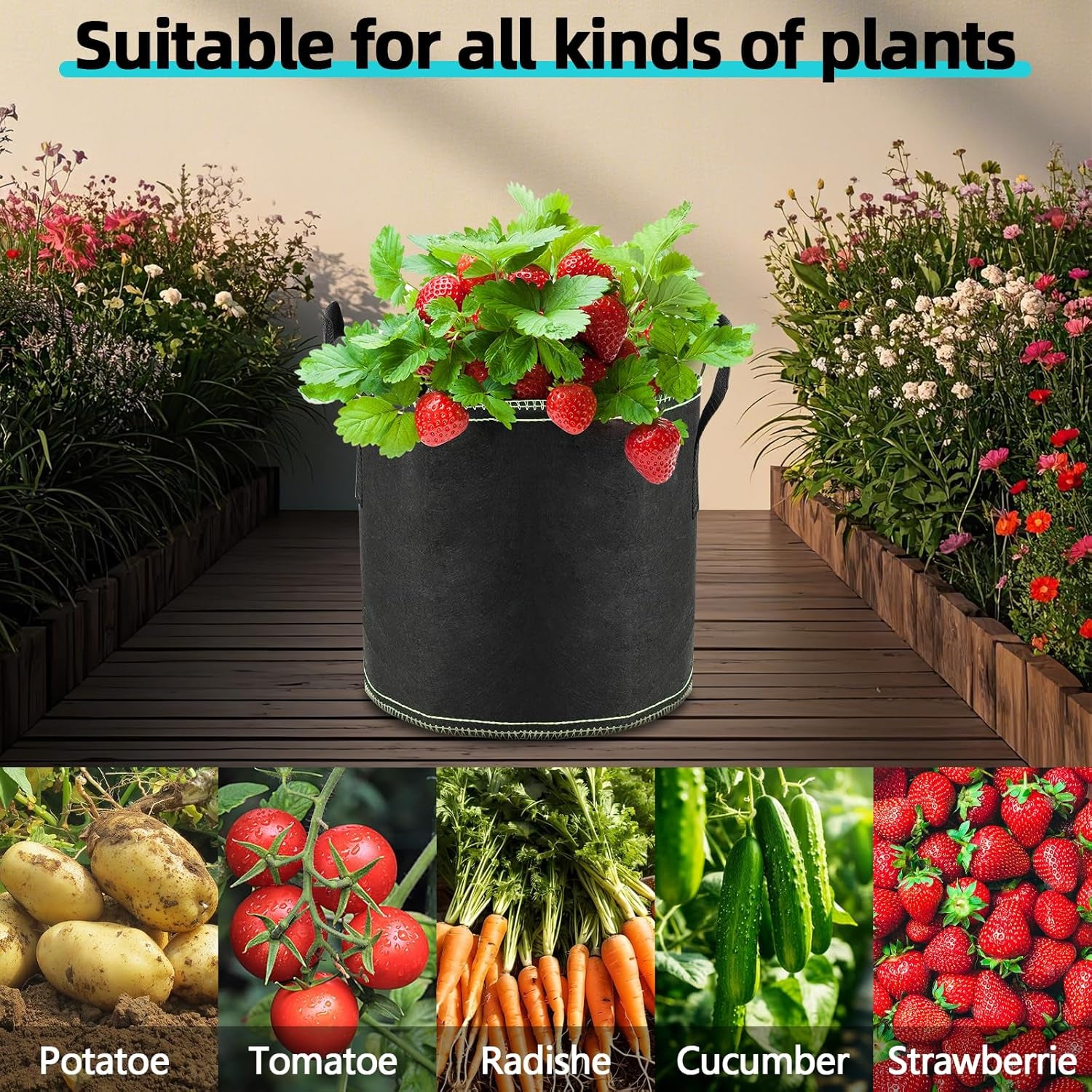 x 12L Tomato Pots, Non-Woven Planting Bags with Handles, Thickened and Ventilated Garden Pots, Reusable Planting Bags for Potatoes, Tomatoes, Vegetables, Flowers and Strawberries