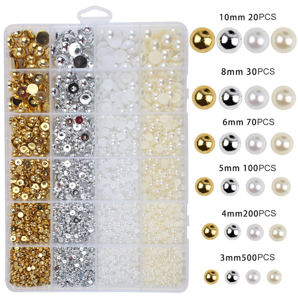 GZMAYUEN 920Pcs Gold Silber Flatback Perlen Für Nägel, Halbrunde Weiße Beige Nail Perlen, Kleine Halbrunde Flatback Perlen Für DIY Nail Art Decor