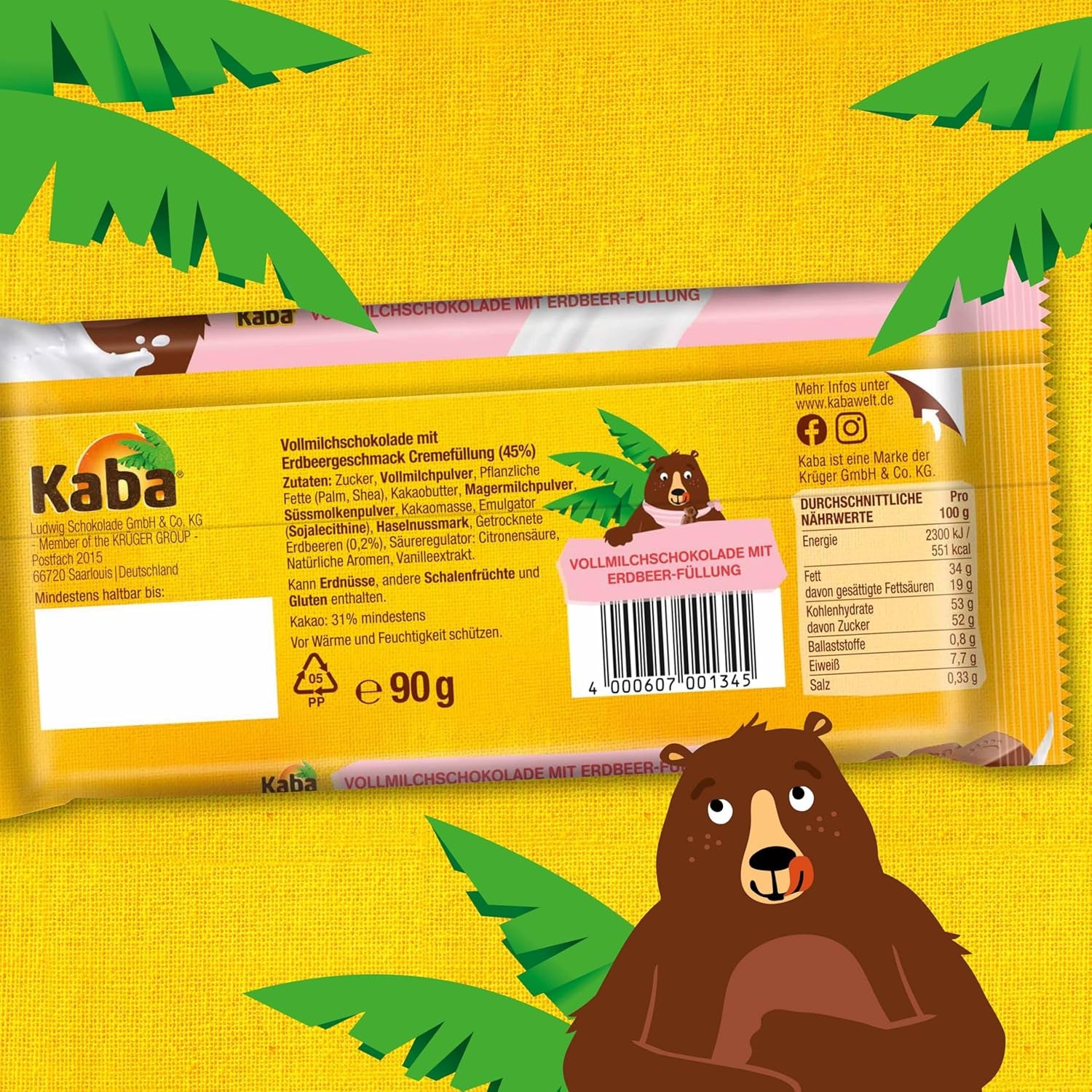 Kaba Milk Chocolate with Strawberry Cream, Filled Chocolate Bar, 90g Bar, Melt-in-your-Mouth Chocolate with Strawberry Fruity Cream and Kaba Original Flavor (Pack of 2)