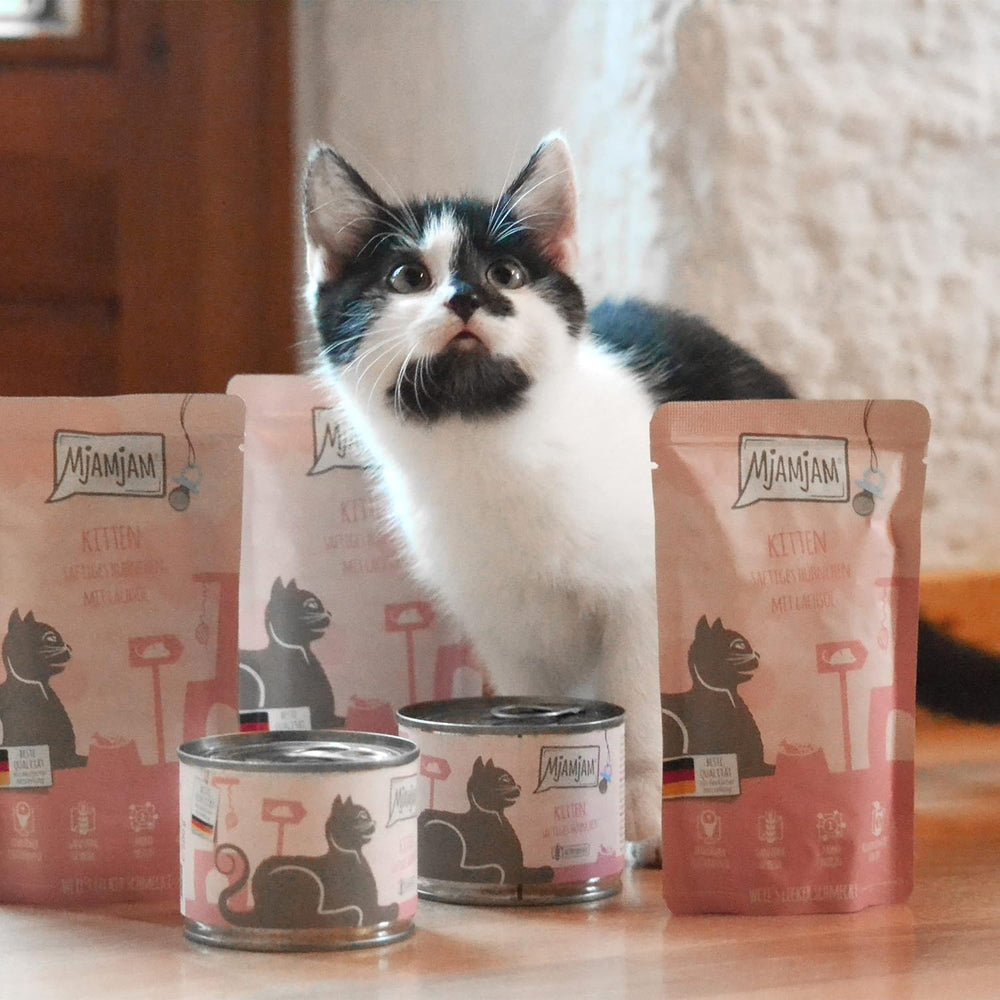 MjAMjAM - Hrană umedă premium pentru pisici - Cutie pentru pisoi - 3x Pui cu ulei de somon și 3x Vițel cu ulei de somon, pungă cu hrană, pix, capac cutie, pachet de 6 (6 x 200 g)