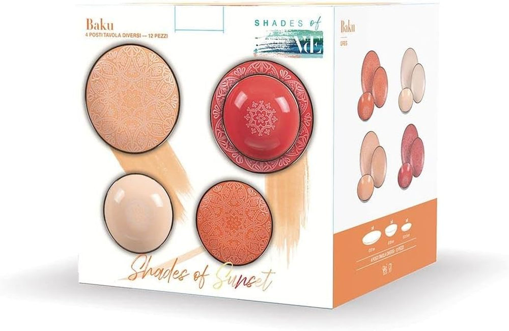 Set de veselă din gresie, format din 12 piese, 4 seturi de farfurii în 4 modele diferite, Baku Sunset