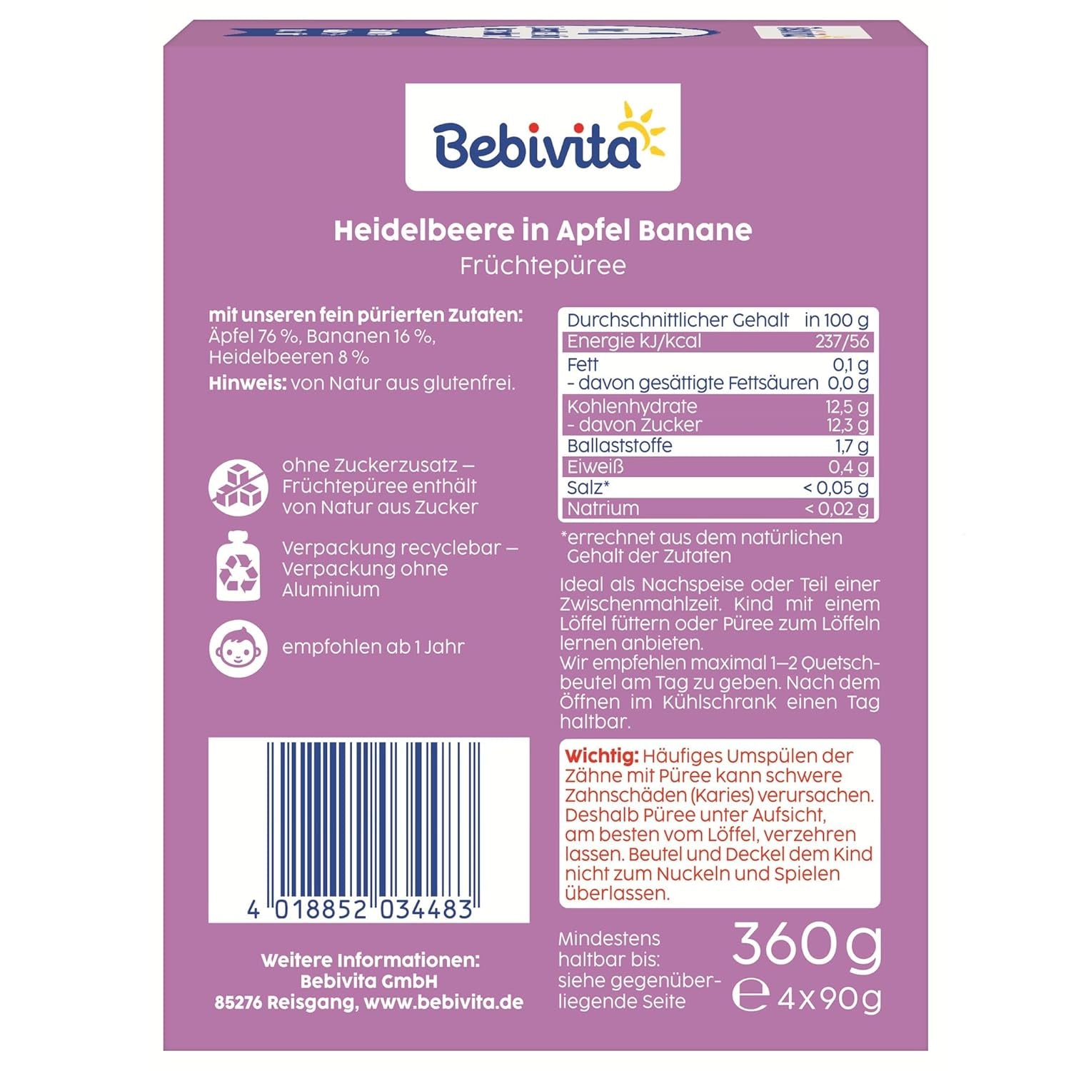 Blueberry, Apple and Banana Squeezable Pouches - 16 (4 packs, 4 x 90g each), no added sugar, gluten free, ideal for takeaways and on-the-go snacks