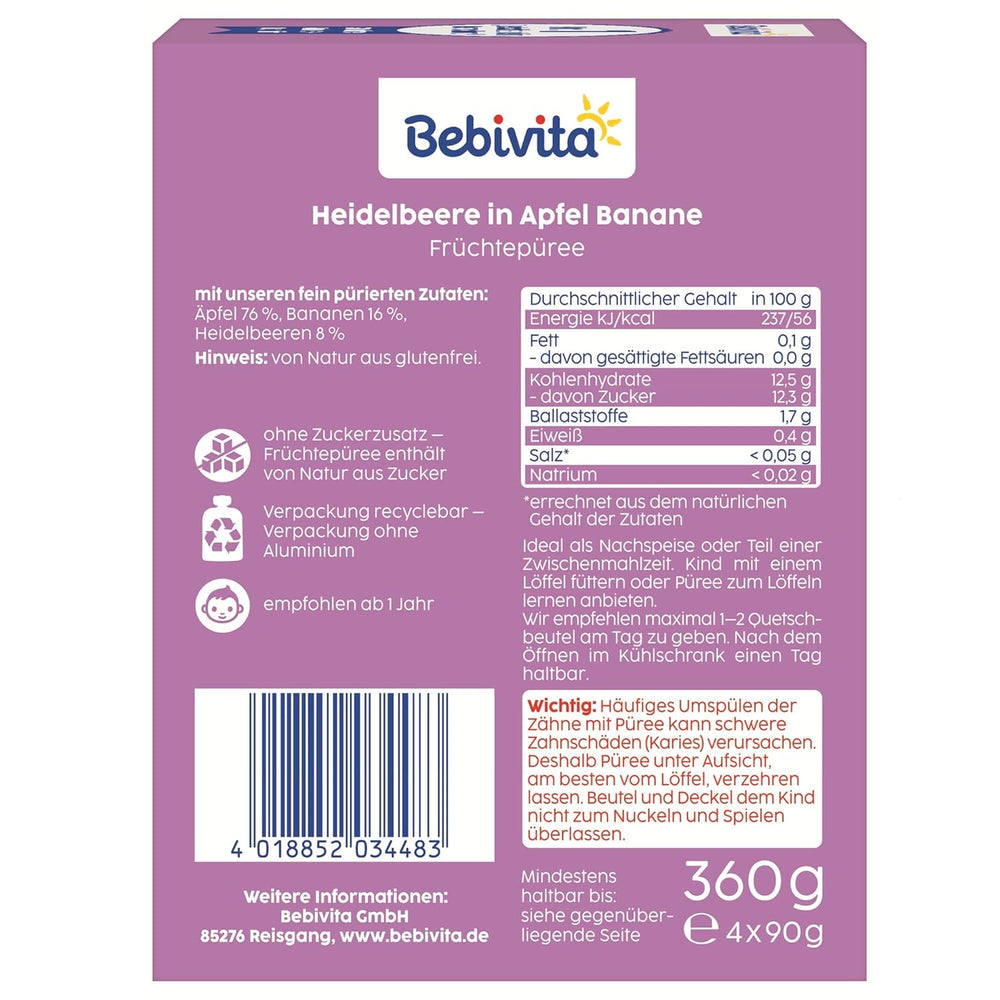 Blueberry, Apple and Banana Squeezable Pouches - 16 (4 packs, 4 x 90g each), no added sugar, gluten free, ideal for takeaways and on-the-go snacks