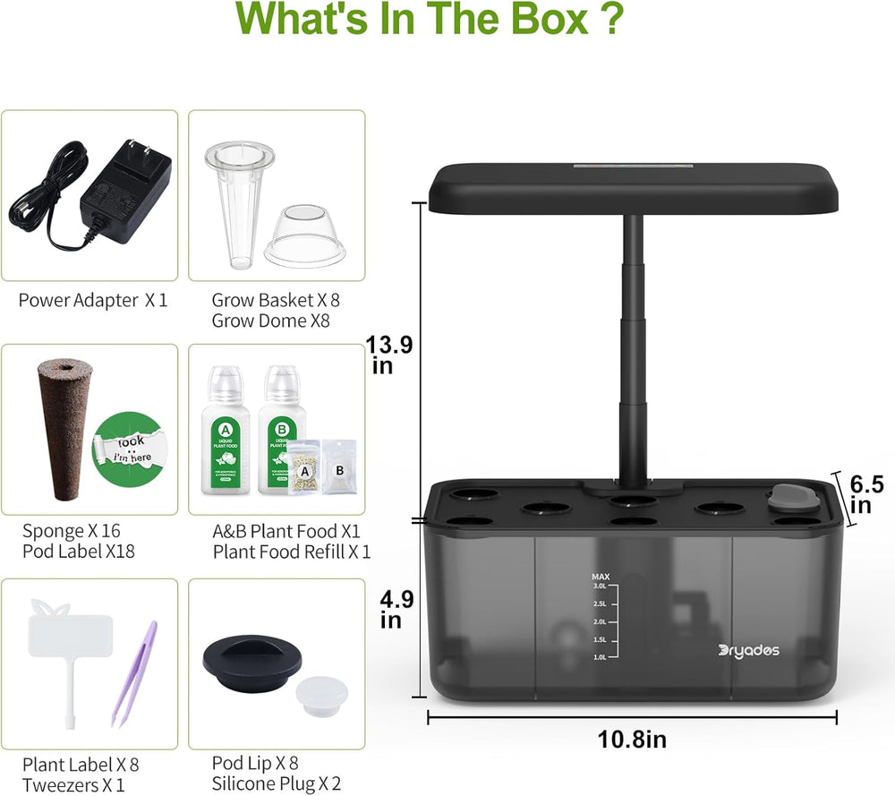 Hydroponic Grow System: 8 Capsules, 24W Full Spectrum LED Lamp with Low Water Warning | Indoor garden for kitchen, living room, school | Gift idea for amateur gardeners