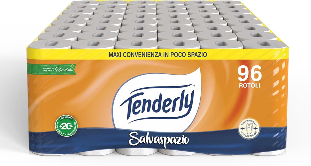 Economie de spațiu, 96 de role de hârtie igienică, 2 straturi, 220 de lacrimi per rolă, Cu extracte naturale de malva și gălbenele, Fabricat în Italia, Testat dermatologic.
