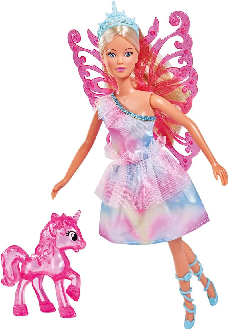 Simba 105733587 - Steffi Love Unicorn Fairy, Ankleidepuppe als Fee mit abnehmbaren Flügeln, mit Einhorn, 29cm Puppe trägt EIN Bezauberndes Pastell Glitzerkleid, ab 3 Jahren