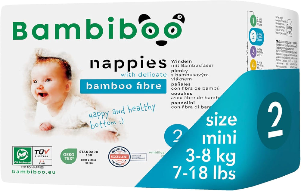 Bambiboo Mini Disposable Diapers Skin Friendly with Soft Bamboo Fiber Umbilical Opening - Diapers for Newborns - Disposable Diapers for Newborns - Skin Protection - Size 2, 25 pcs