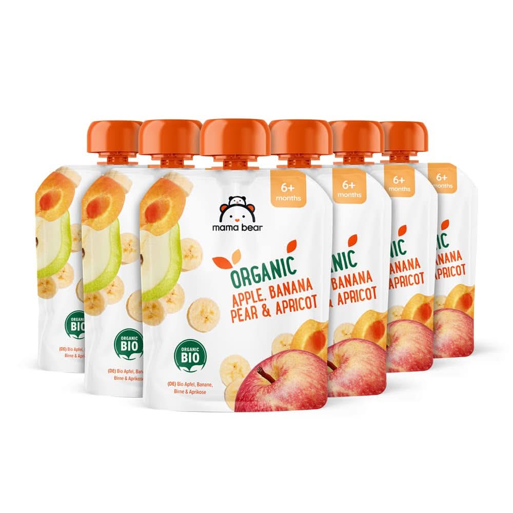 Mama Bear, organic puree different fruits, set 6 x 90 grams Mother and Child Naty Shop 6 x 90 grams Apples, pears, bananas and apricots