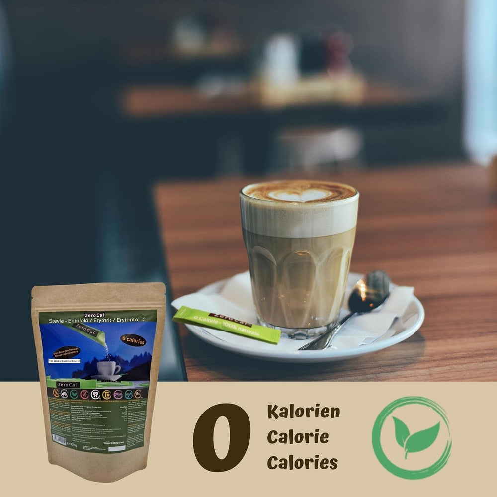 Zerocal - 1:1 (Erythritol + Stevia) 100 Sticks Je 3 G | Ideal for sweetening coffee, tea and other drinks Gleiche Süßkraft Von Zucker | Gluten-free, Vegan, GMO-Free | Kalorien Und GI = 0 Sweeteners Naty Shop