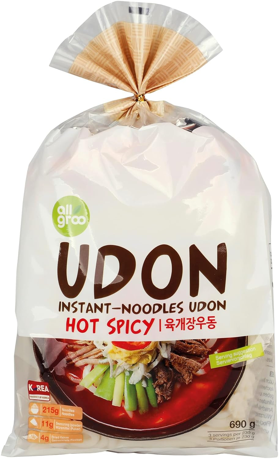 Allgroo Udon Instant Noodles - Spicy Udon Soup, quick preparation - Contains 3 servings - 1 x 690g