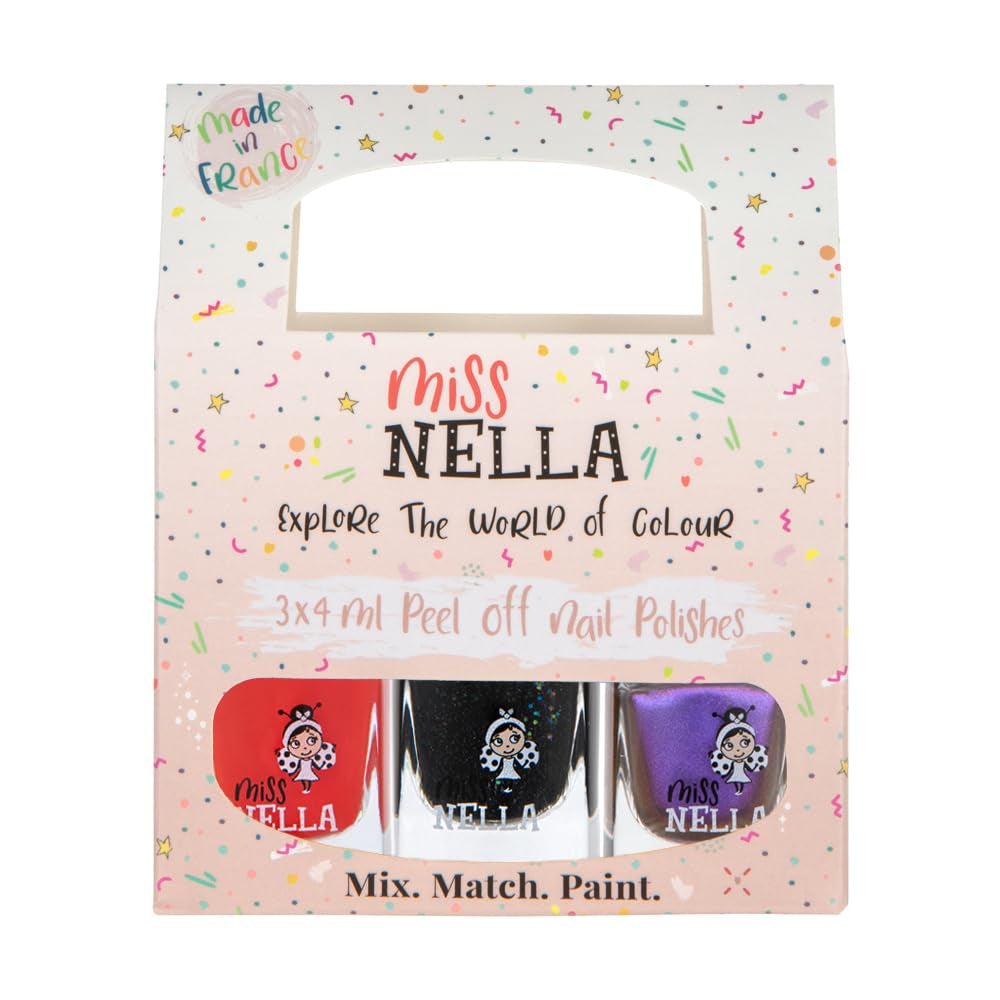 Miss Nella Magic Collection 4 Piece Glitter Nail Polish Set: Pink, Red, Gold and Blue, Kids Special Removable Nail Polish, Non-Toxic, Water-Based, Odorless