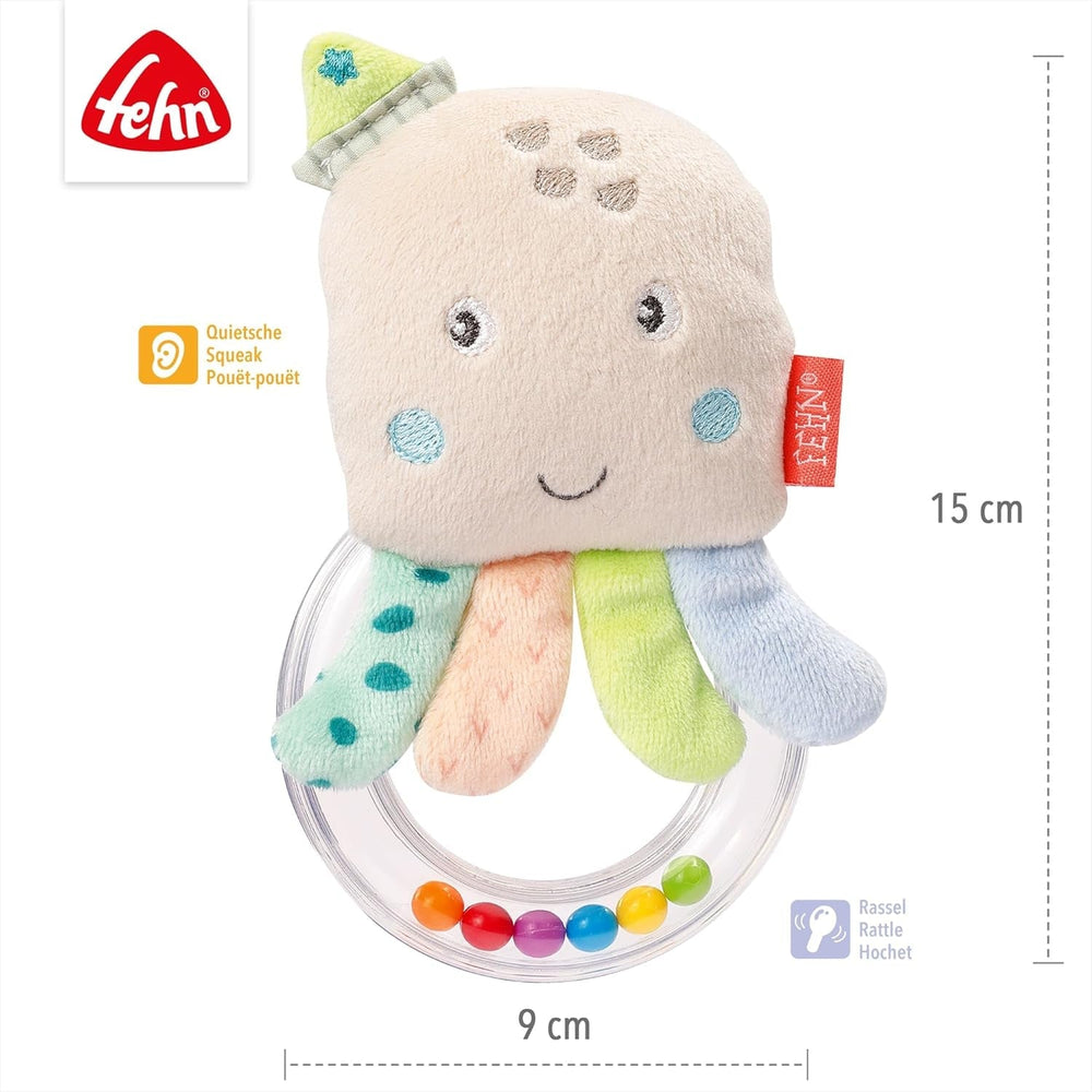 Fehn clopoțel inel de jucărie caracatiță - jucărie de abilități motorii pentru zăngănit, scârțâit, simțit - jucărie de pluș pentru copii cu țesătură moale - jucărie pentru bebeluși și copii mici de la 0+ luni Jucarii Bebe Naty Shop