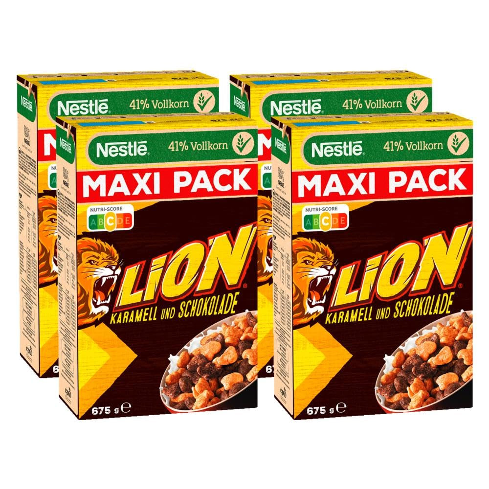 Nestlé Lion Cereal, Chocolate Caramel Flavored Corn Flakes, 41% Vital Whole Grains, Vitamins & Minerals, Crunchy Flakes, Maxi Value Pack, Pack of 4 (4 x 675g)