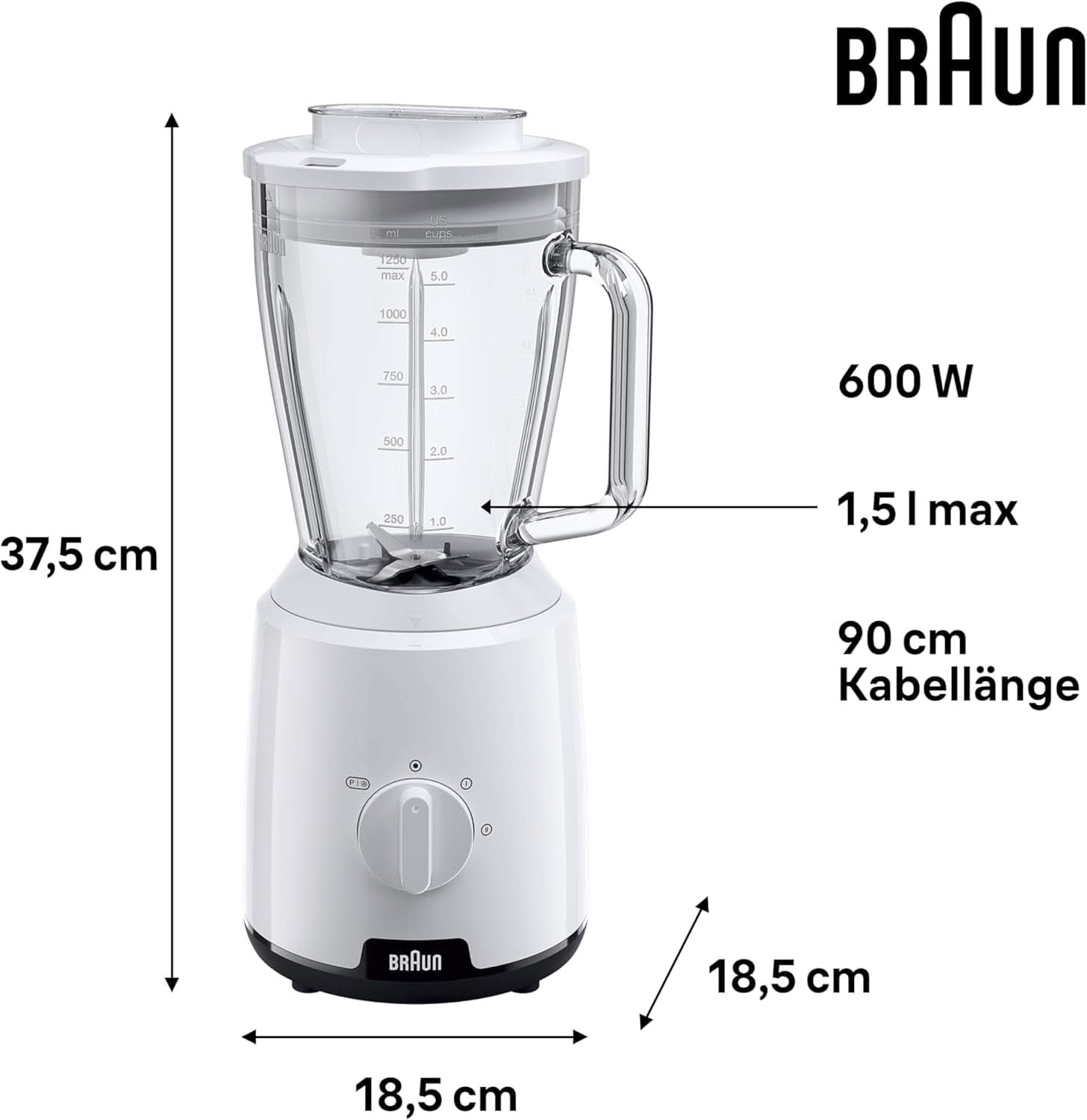 Braun Powerblend 1 JB1050WH - Standmixer Mit 1.5 L Glas-Mixaufsatz, Küchenhelfer Zum Zerkleinern, Pürieren & Mixen, Ice-Crush-Funktion, 2 Geschwindigkeiten, 600 Watt, Weiß Kitchen Naty Shop