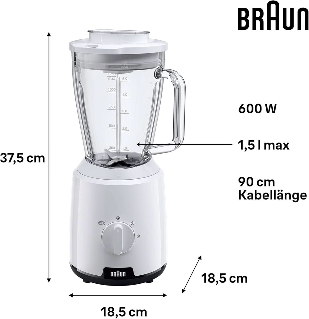 Braun Powerblend 1 JB1050WH - Standmixer Mit 1.5 L Glas-Mixaufsatz, Küchenhelfer Zum Zerkleinern, Pürieren & Mixen, Ice-Crush-Funktion, 2 Geschwindigkeiten, 600 Watt, Weiß Kitchen Naty Shop