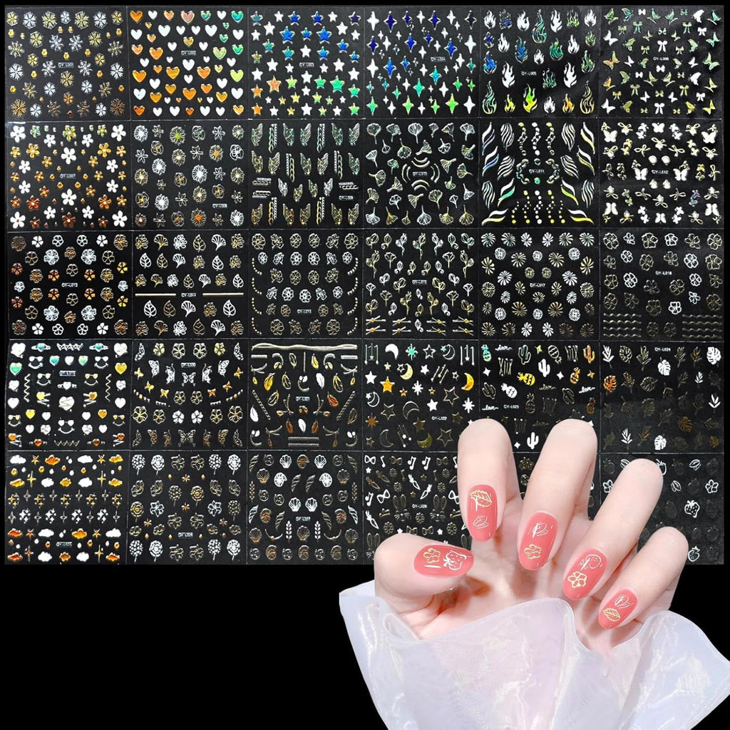 3D Nagelsticker Aurora 30 Blatt Gold Nail Art Sticker Selbstklebend Nagelaufkleber Holografisches Stern Herz Dekoration Nageldesign Zubehör