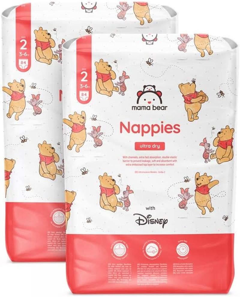 Scutece Mama Bear Disney Ultra Dry mărimea 4 (8-14 kg), alb, 84 bucăți (1 pachet) Naty Shop Mărimea 2 (3-6 kg) Pachet lunar