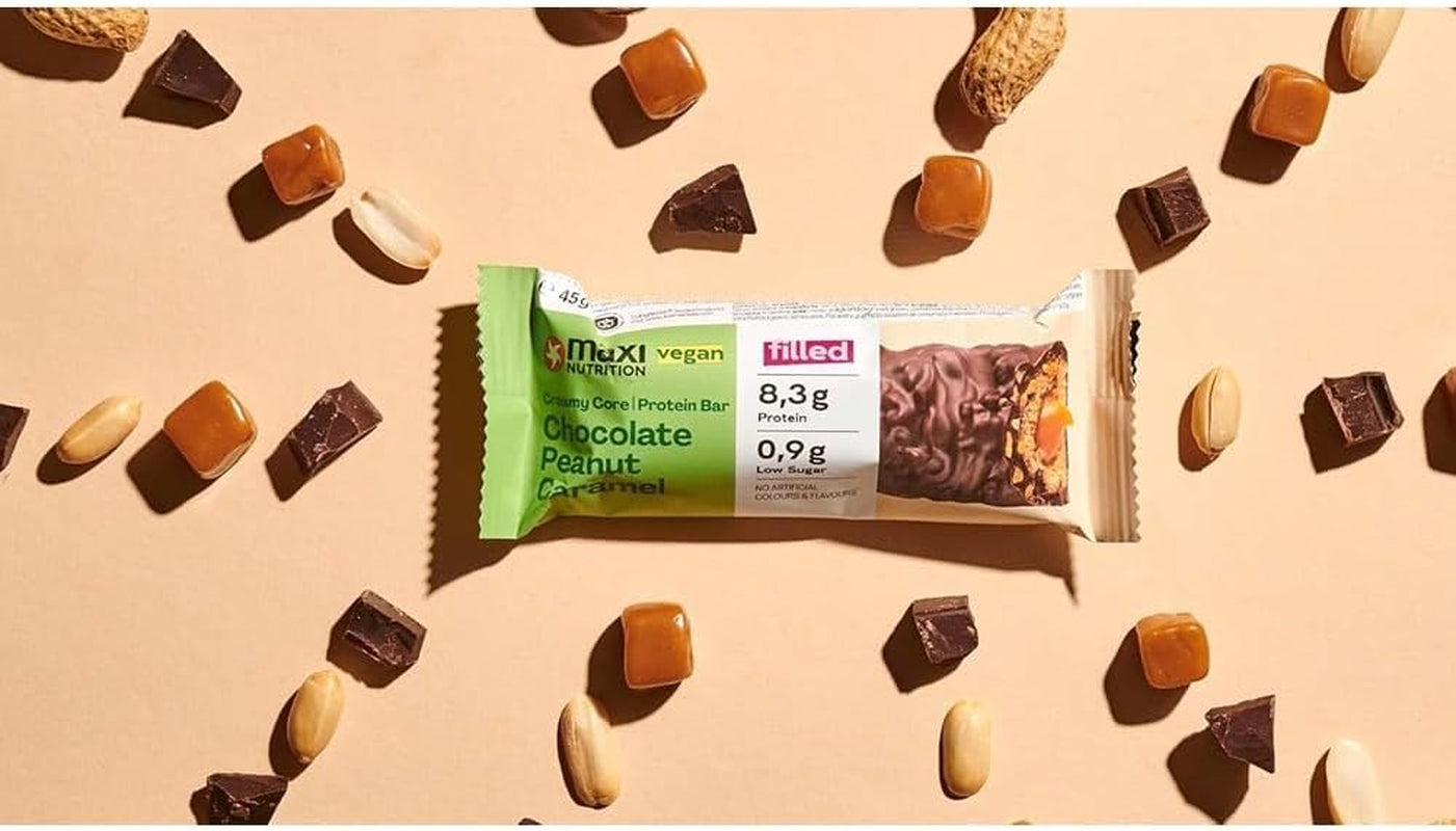 MaxiNutrition Creamy vegan protein bar with chocolate, peanuts and caramel 12x45g - vegan protein bar, 18% protein, 8.3g per bar, low sugar content (0.9g), no added sugar, no artificial flavors