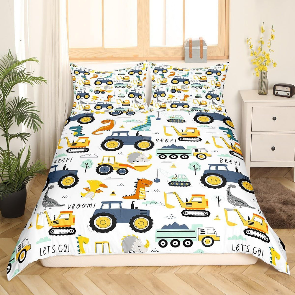 Jungen Cartoon Car Bedding Set 135X200,Kinder Bau Fahrzeuge Tröster Abdeckung Für Kind Kleinkind Teens,Dinosaurier Bettbezug,Traktor Maschinerie Bagger Bettdecke Abdeckung,Lkw Autos Bettdecke Naty Shop