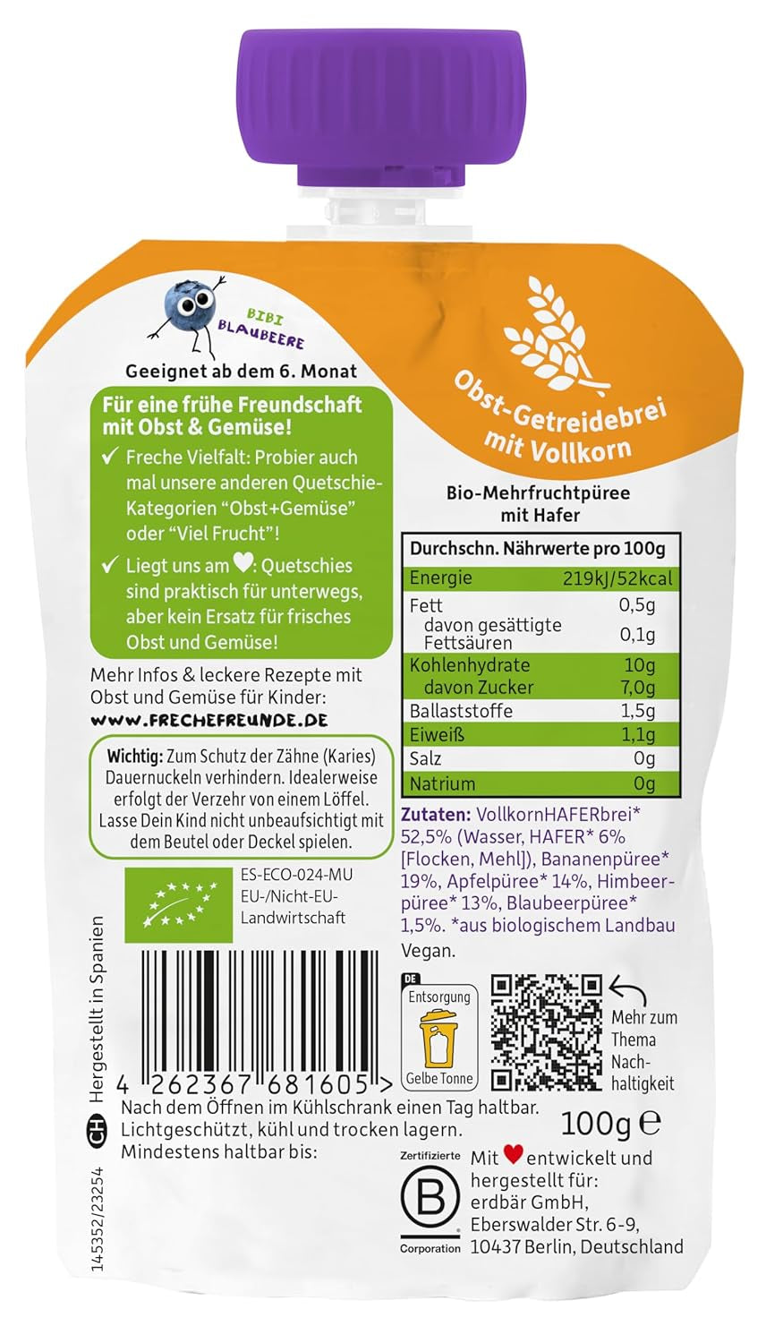 FRECHE FREUNDE Organic Fruit Pouch Banana, Apple, Raspberry, Blueberry with Oats, Fruit Puree with Cereal in a Squeezable Pouch for Babies from 6 Months, Vegan, Pack of 6 (6 x 100g)