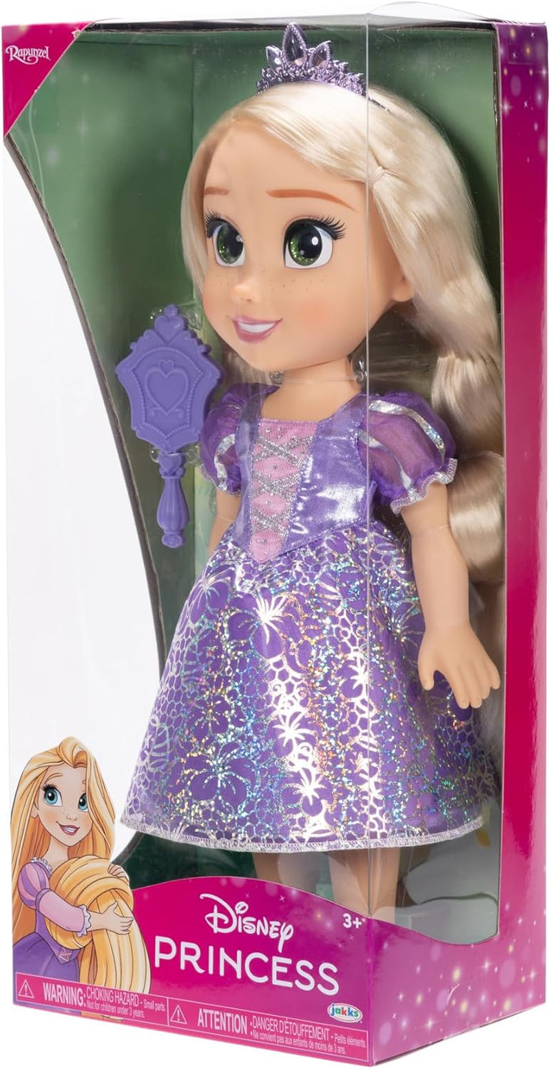 Păpușă Disney Prințesa Rapunzel 35 cm, ochi reflectorizanți cu sclipici, articulații mobile, rochie detașabilă, pantofi, coroană, păr lung și blond, pentru fete cu vârsta de 3 ani și peste