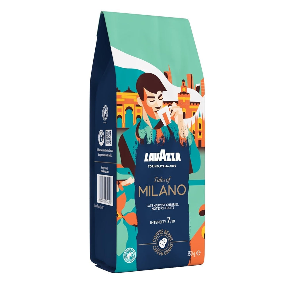 Lavazza, Tales of Roma, coffee beans, ideal for Espresso coffee machines, with aroma notes of hazelnut and dark chocolate, Arabica and Robusta, 250 grams Naty Shop Coffee 250 grams Milano