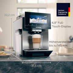 Espressor complet automat SIEMENS EQ900 TQ905D03, control prin aplicație, afișaj complet tactil, mod barista, reducere a zgomotului, până la 10 profiluri, râșniță premium, curățare automată cu abur, 1500 W, oțel inoxidabil