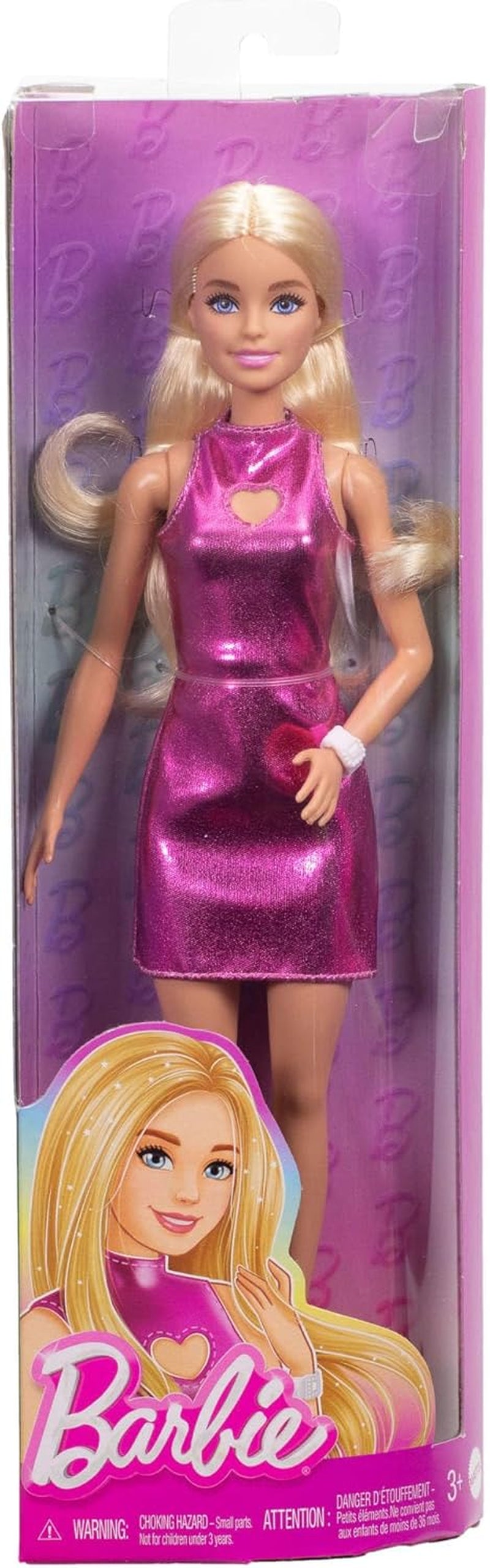 Barbie Fashionistas-Puppe Nr. 230 mit blondem Haar, rosa Metallic-Minikleid mit Herz-Aussparung, weißem Armband und High Heels, HYT88