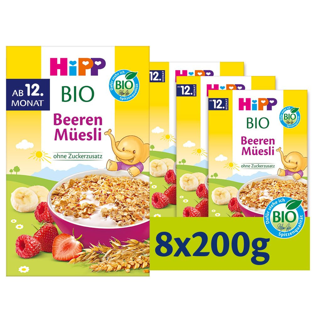 HiPP Bio Beeren-Müesli (8 x 200g), ab 12. Monat, ohne Zuckerzusatz, besonders fine Stückchen - leicht zu chewen, in bester Bio-Qualität